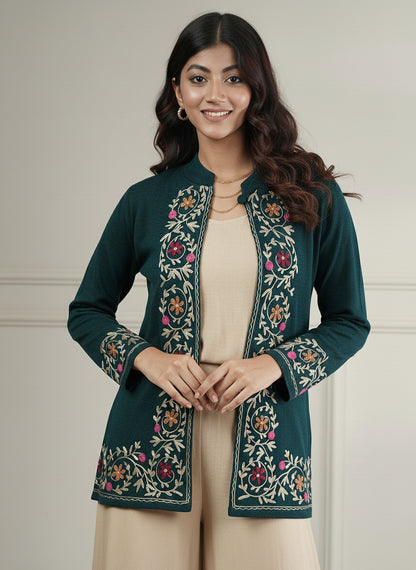 Knitted Short Shrug with Aari Embroidery | Teal