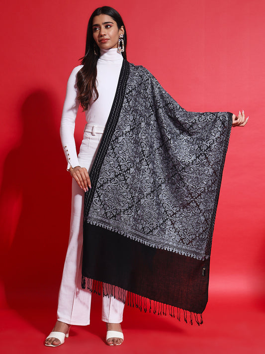 Woollen Pashmina Feel Stole in Silk Embroidery Dense Jaal for Women | Black