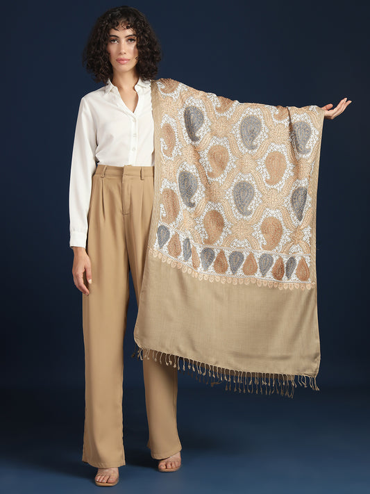 Woollen Pashmina Feel Royal Stole in Silk Embroidery Dense Jaal for Women | Brown