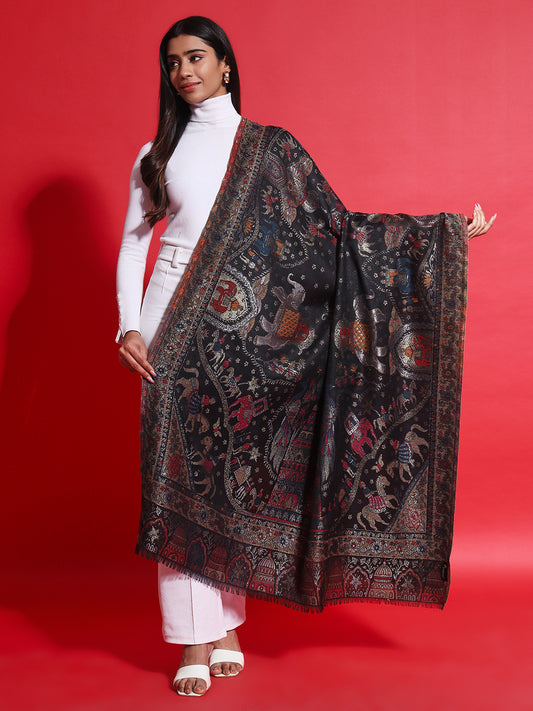 Kani Pure Wool Shawl for Women with Paisley Zari Pattern | Black