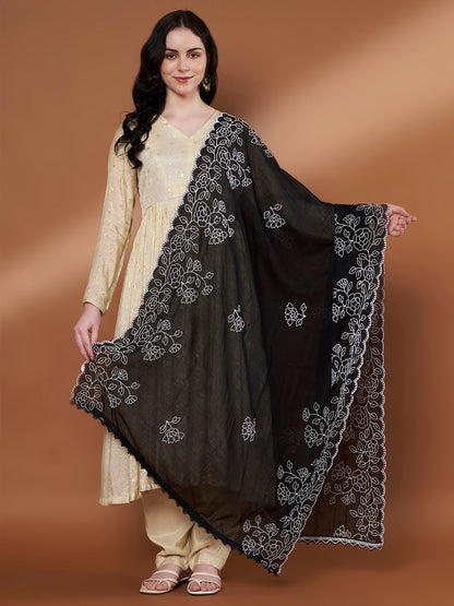 Pure Cotton Floral Embroidered Dupatta for Women | Black