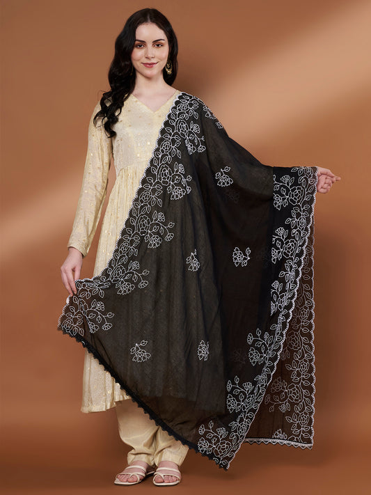 Pure Cotton Floral Embroidered Dupatta for Women | Black