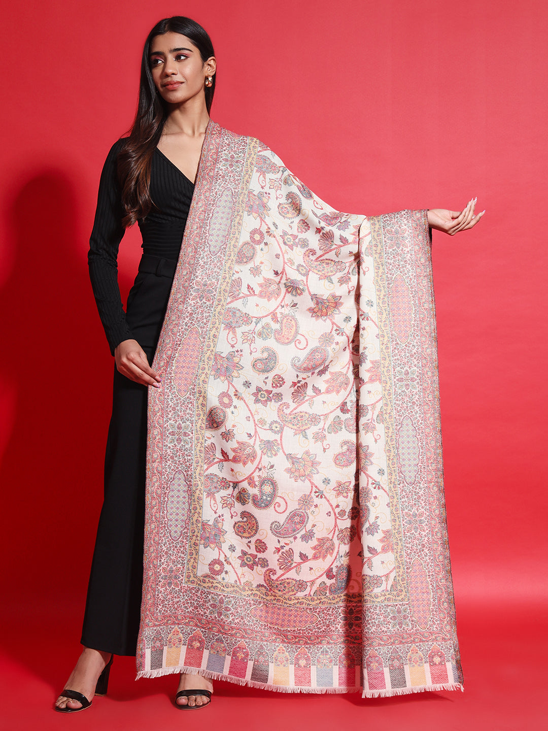 Kani Pure Wool Shawl for Women with Paisley Jaal Pattern | White