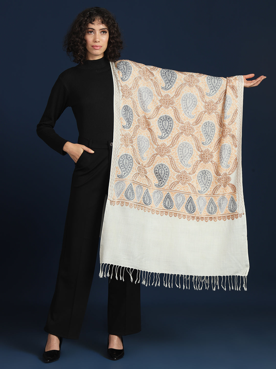 Woollen Pashmina Feel Royal Stole in Silk Embroidery Dense Jaal for Women | White