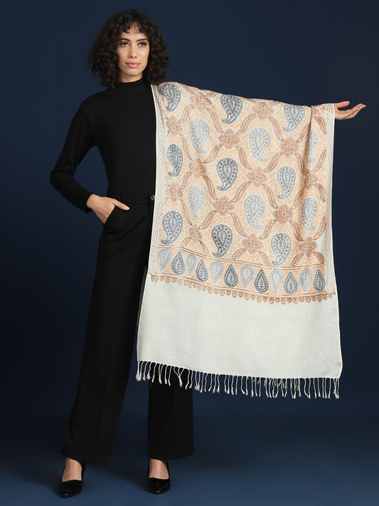 Woollen Pashmina Feel Royal Stole in Silk Embroidery Dense Jaal for Women | White