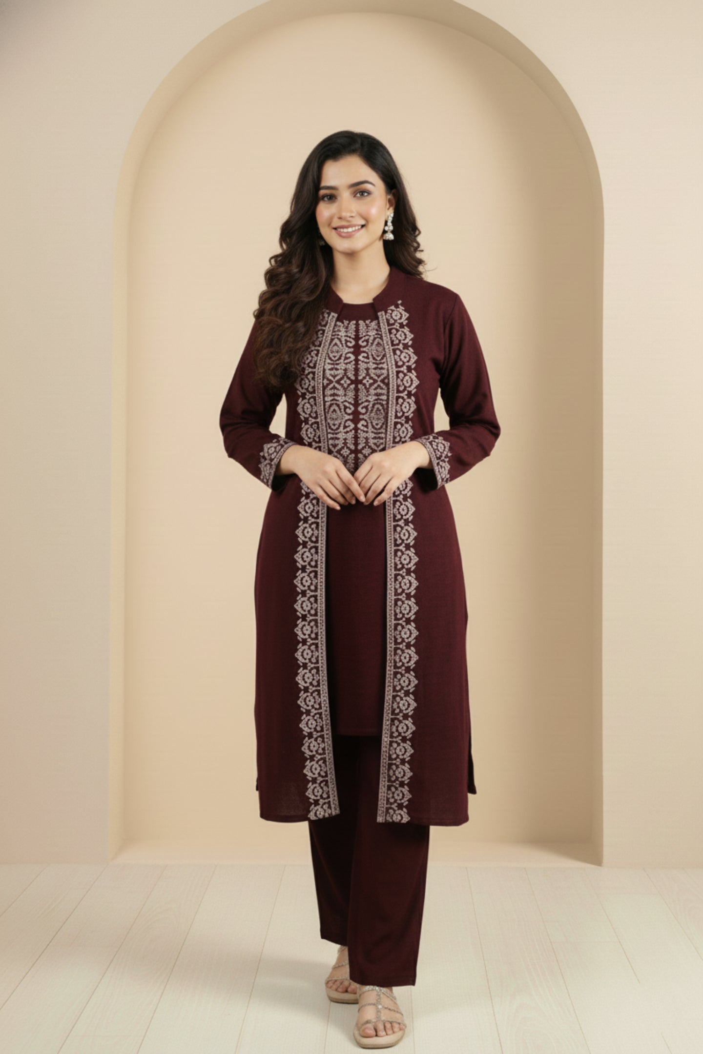 Three-Piece Woolen Knitted Coord Set | Maroon