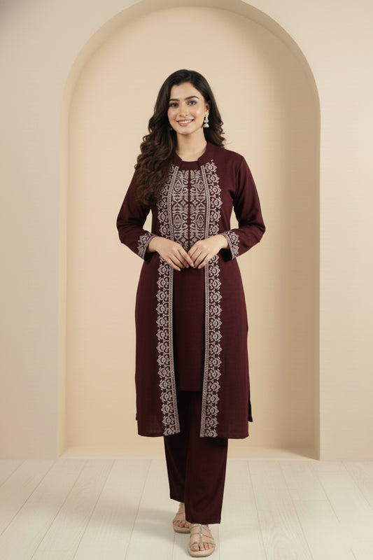 Three-Piece Woolen Knitted Coord Set | Maroon