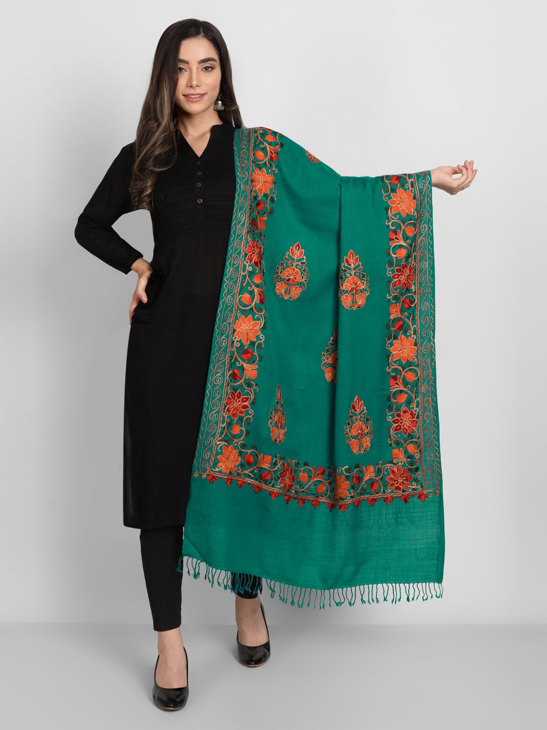 Women Aari Embroidered Stole | Seagreen