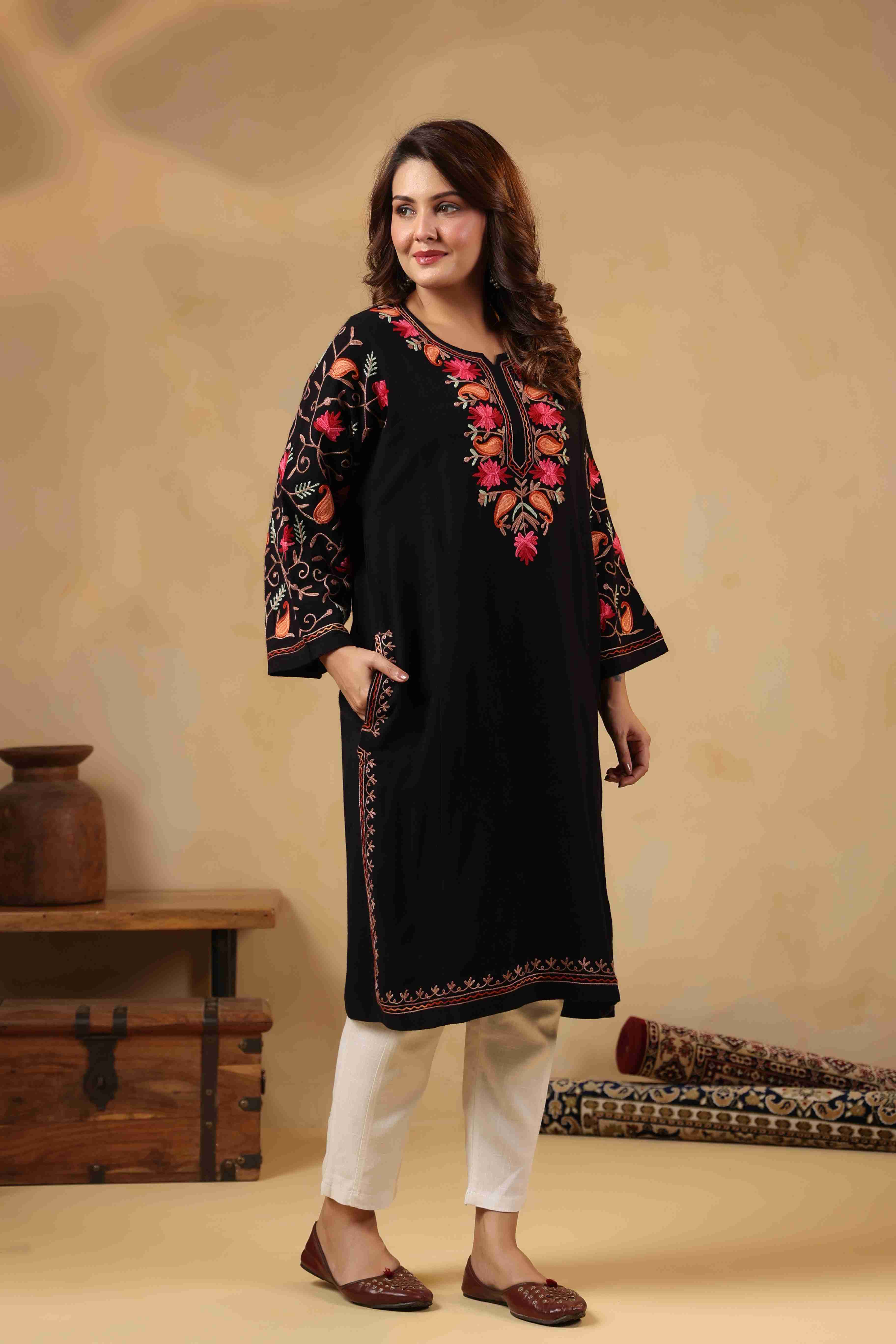 Multicolor Aari Embroidery Kashmiri Pheran | Black