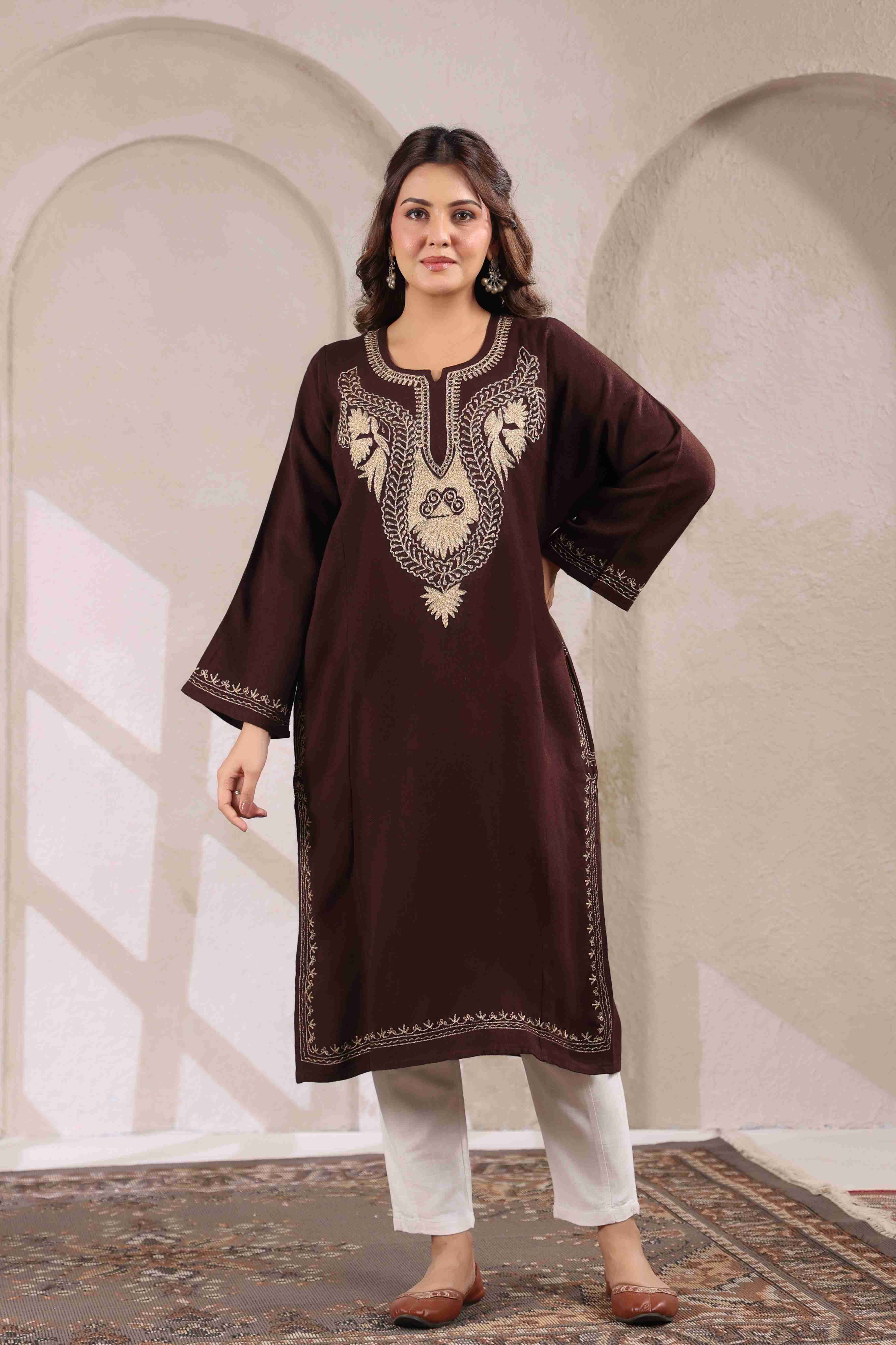 Kashmiri Pheran with Zari Embroidery | Brown