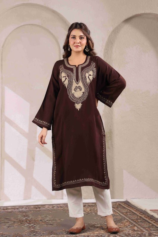 Kashmiri Pheran with Zari Embroidery | Brown
