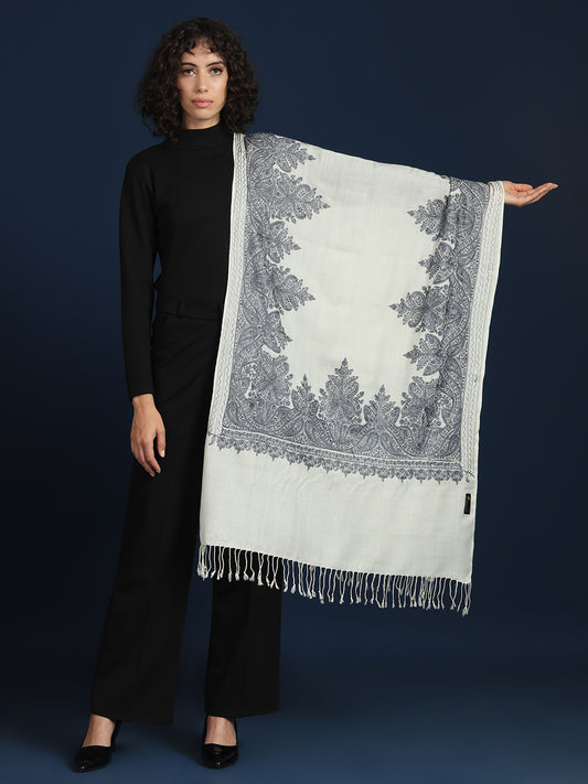 Woollen Pashmina Feel Stole in Silk Embroidery for Women | White