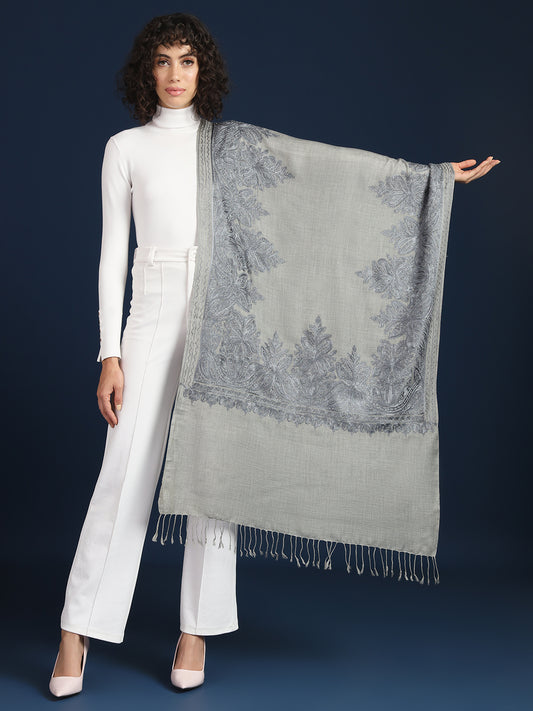 Woollen Pashmina Feel Stole in Silk Embroidery for Women | Grey