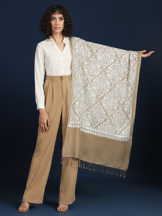 Woollen Pashmina Feel Stole in Silk Embroidery Dense Jaal for Women | Brown 2