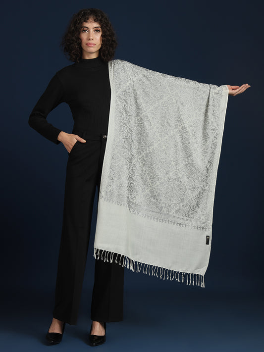Woollen Pashmina Feel Stole in Silk Embroidery Dense Jaal for Women | White