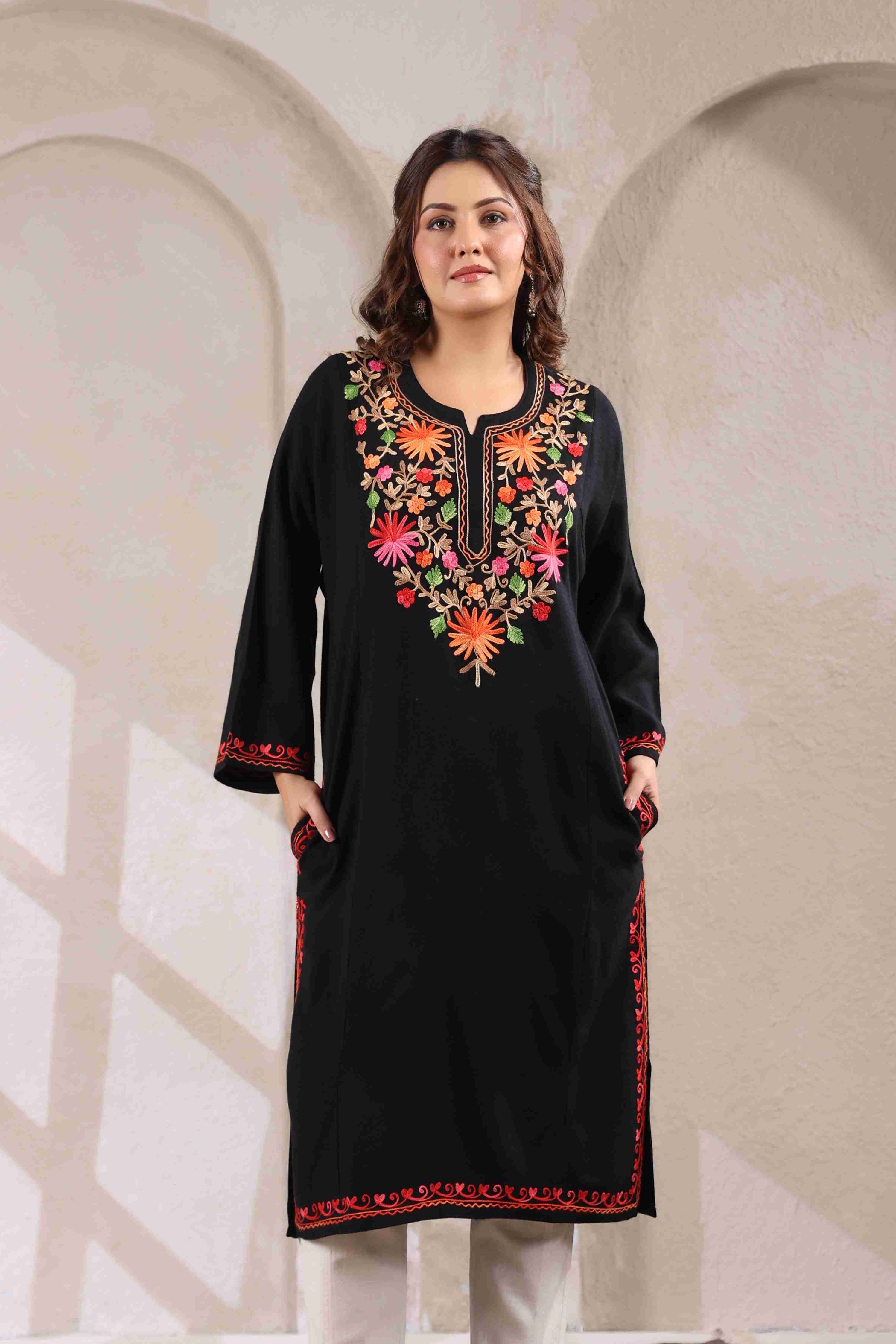Multicolor Aari Embroidery Kashmiri Pheran | Black