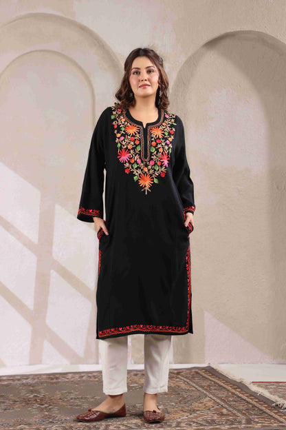Multicolor Aari Embroidery Kashmiri Pheran | Black