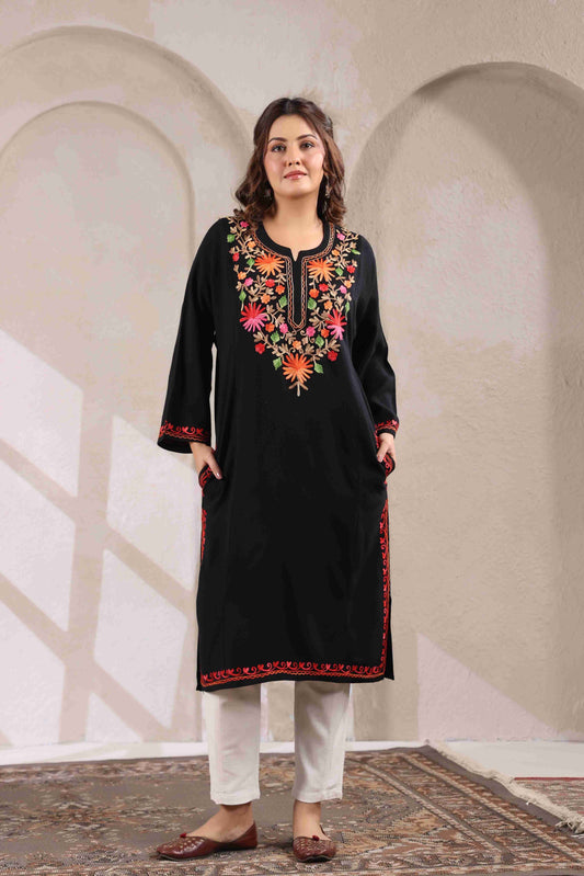 Multicolor Aari Embroidery Kashmiri Pheran | Black
