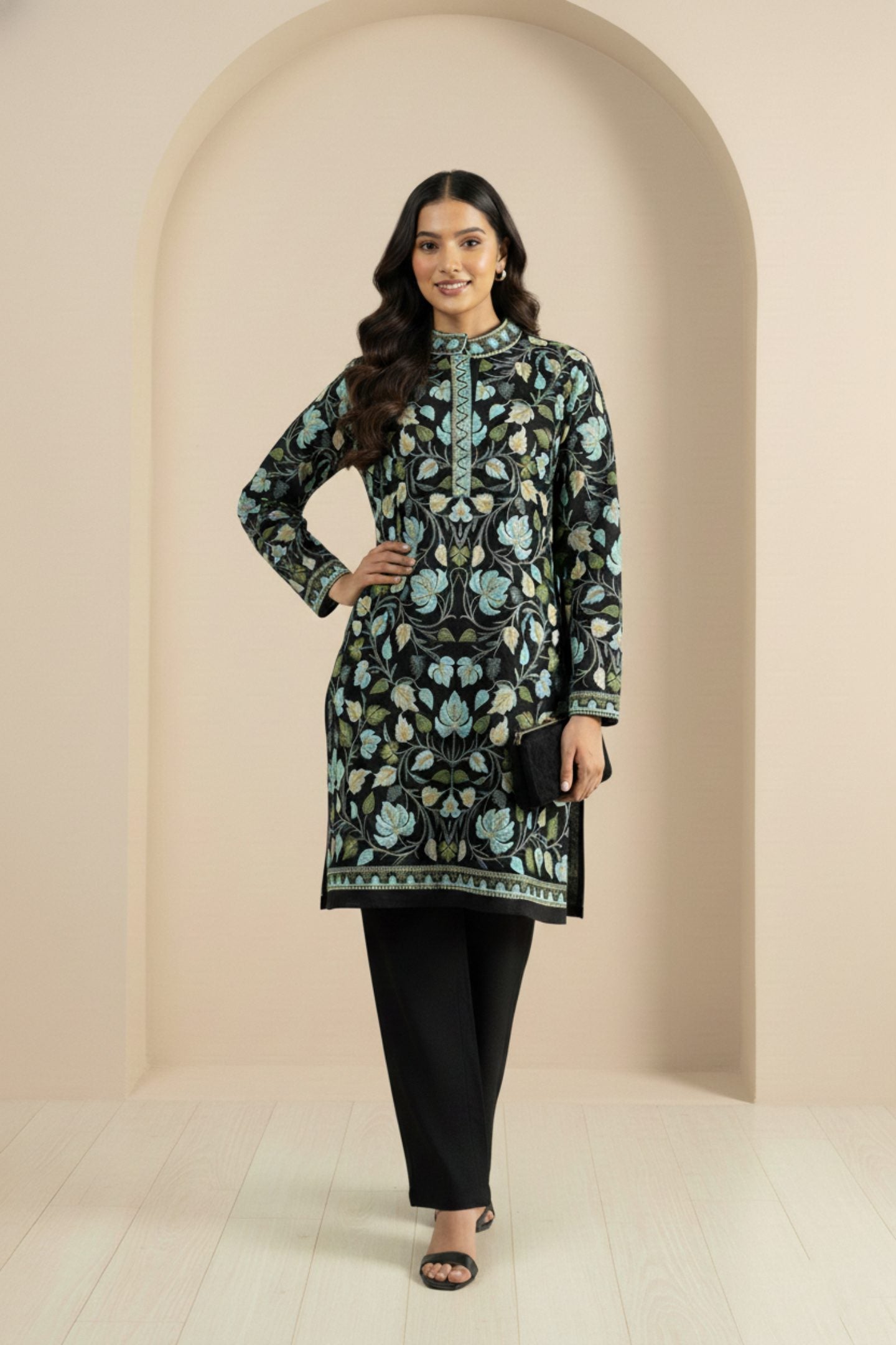 Floral Knitted Aari Embroidery Coord Set | Black