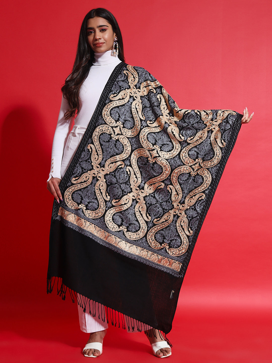 Woollen Pashmina Feel Stole in Silk Embroidery for Women | Black