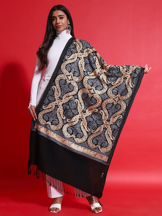 Woollen Pashmina Feel Stole in Silk Embroidery for Women | Black