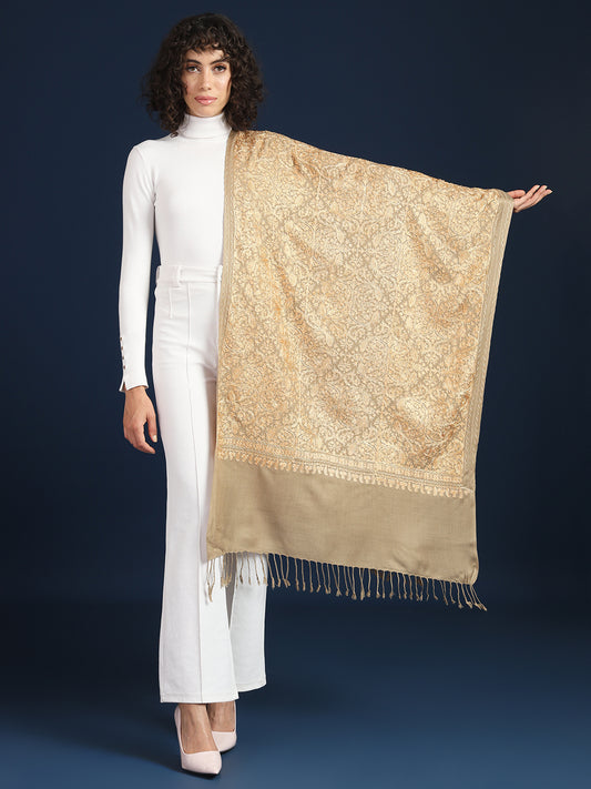 Woollen Pashmina Feel Stole in Silk Embroidery Dense Jaal for Women | Brown