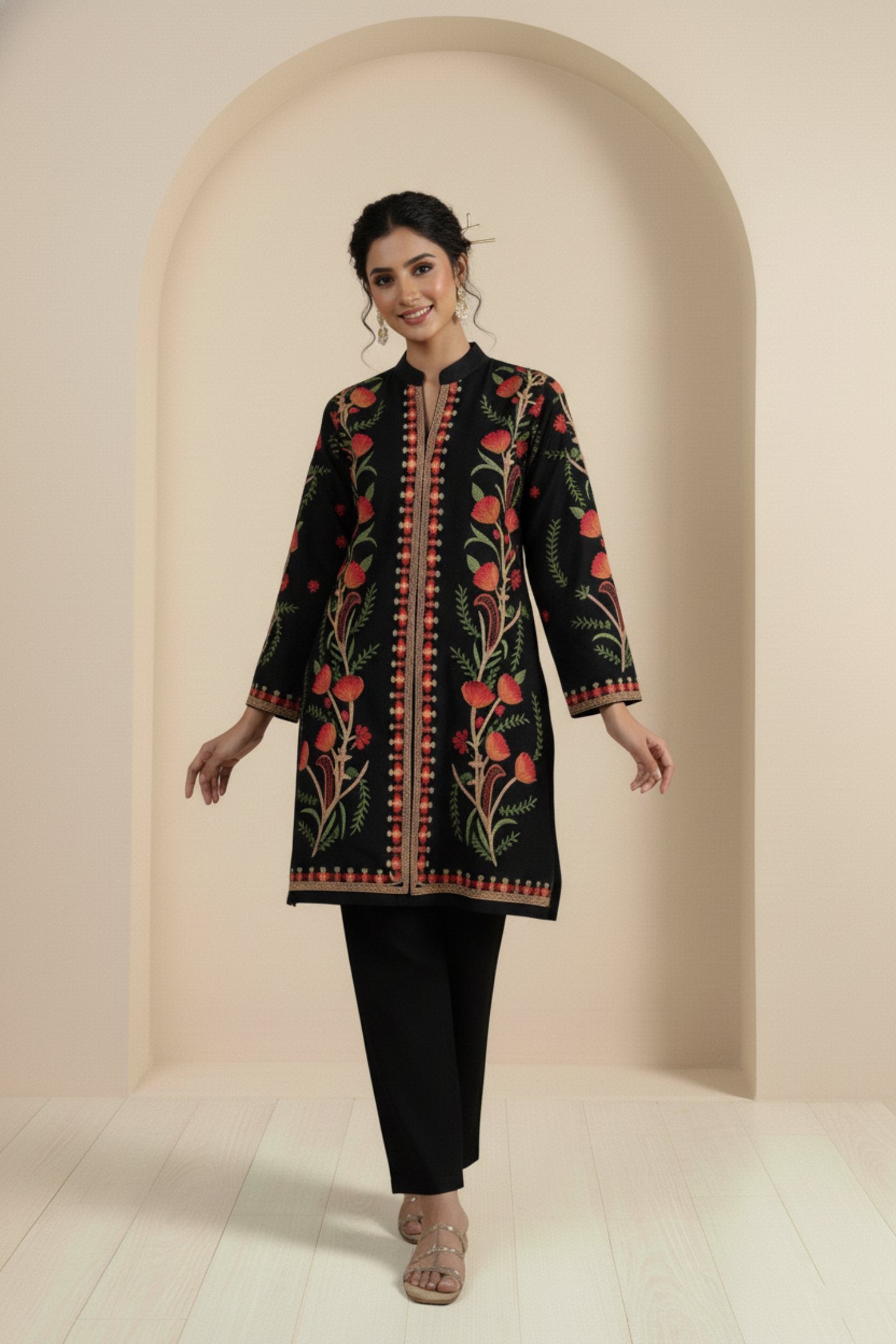 Floral Knitted Aari Embroidery Coord Set | Black