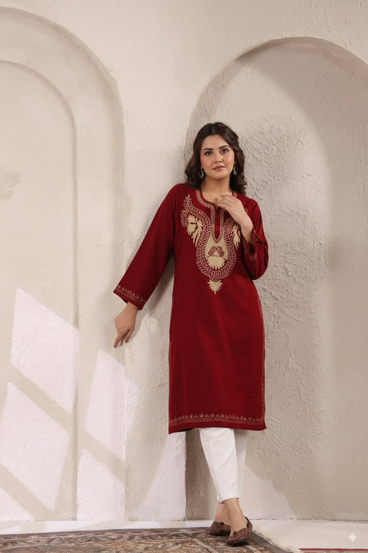 Kashmiri Pheran with Zari Embroidery | Maroon