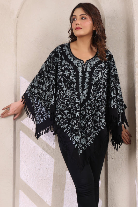 Woollen Poncho Top with Kashmiri Hand Embroidered Jaal and Inner Lining | Black - view 7