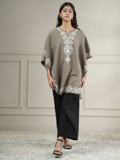 Woollen Aari Embroidered Kaftan Style Poncho for Winter | Beige