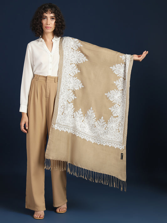 Woollen Pashmina Feel Stole in Silk Embroidery for Women | Brown