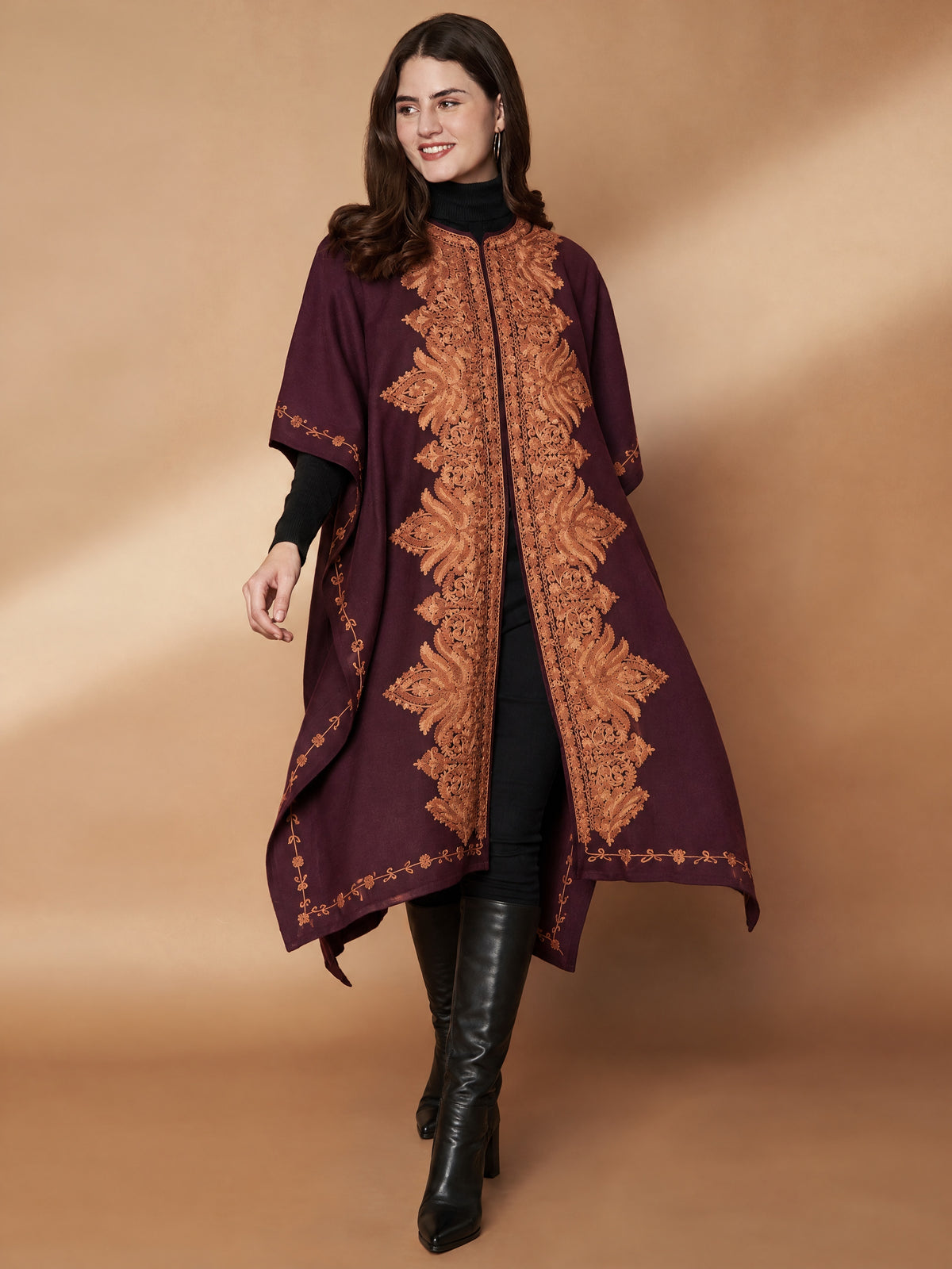 Floral Aari Embroidery Wine Pheran Shrug