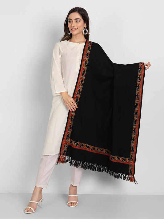 Kullu Himalayan Striped Border Shawl for Women | Black