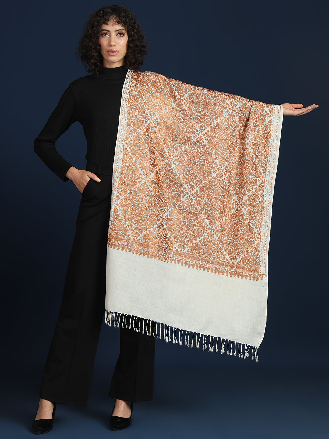 Woollen Pashmina Feel Stole in Silk Embroidery Dense Jaal for Women | White 2
