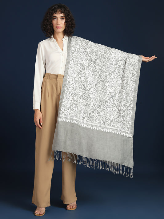 Woollen Pashmina Feel Stole in Silk Embroidery Dense Jaal for Women | Grey