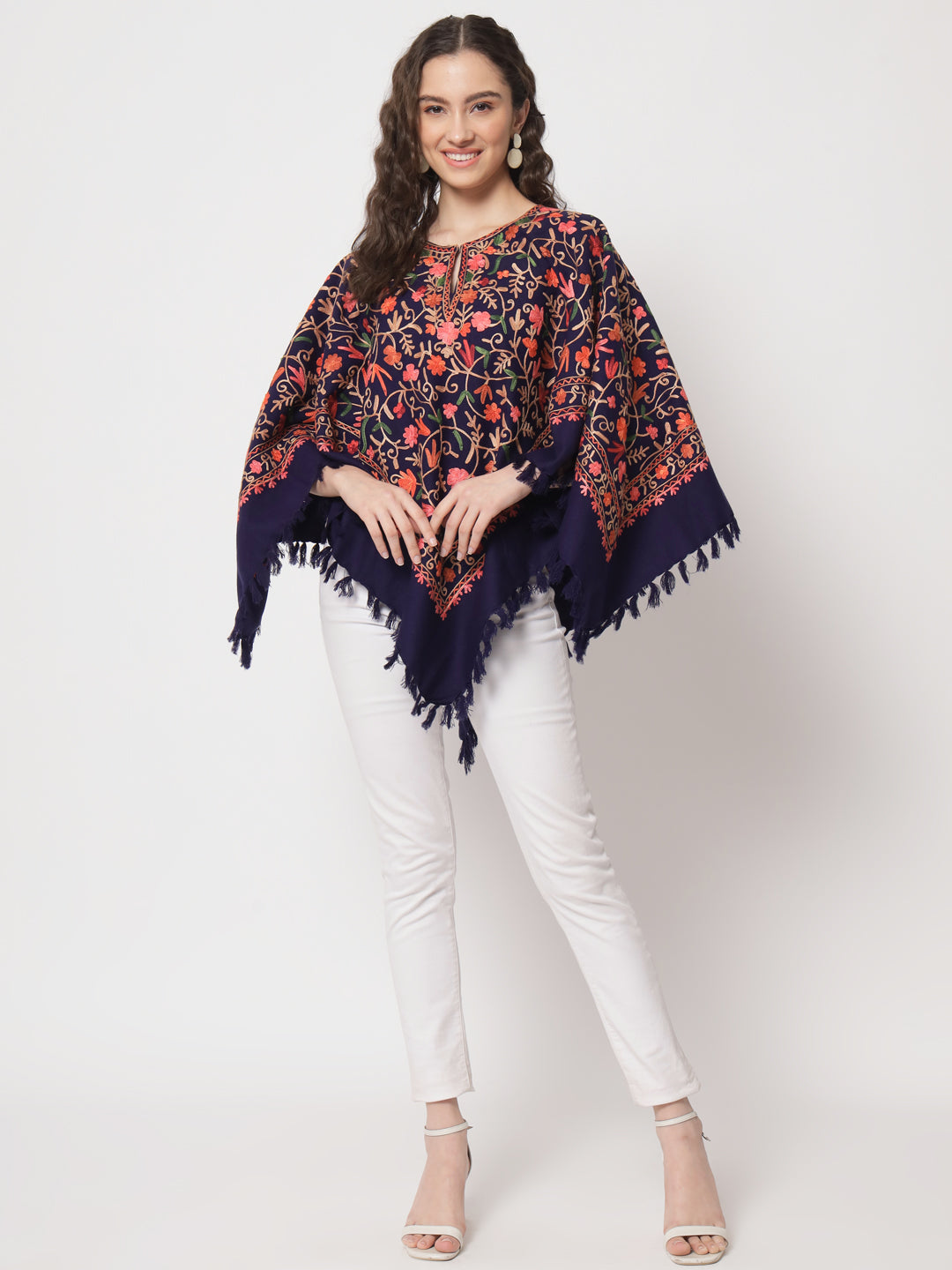 Woolen Kashmiri Poncho with Jaal Embroidery and Silk Lining | Blue