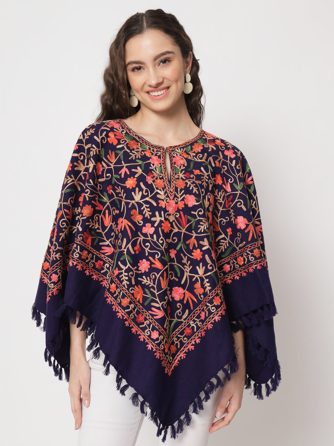 Woolen Kashmiri Poncho with Jaal Embroidery and Silk Lining | Blue