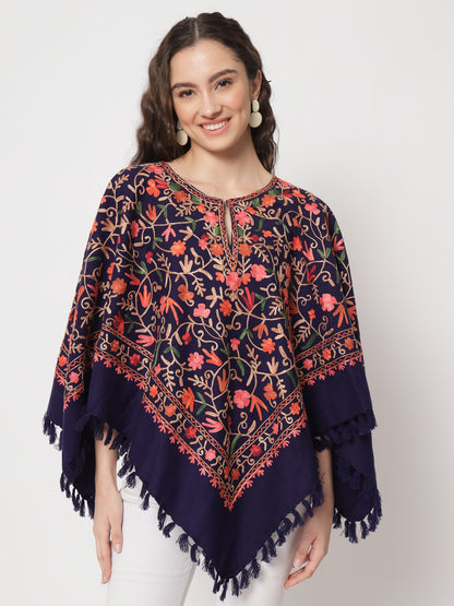 Woolen Kashmiri Poncho with Jaal Embroidery and Silk Lining | Blue