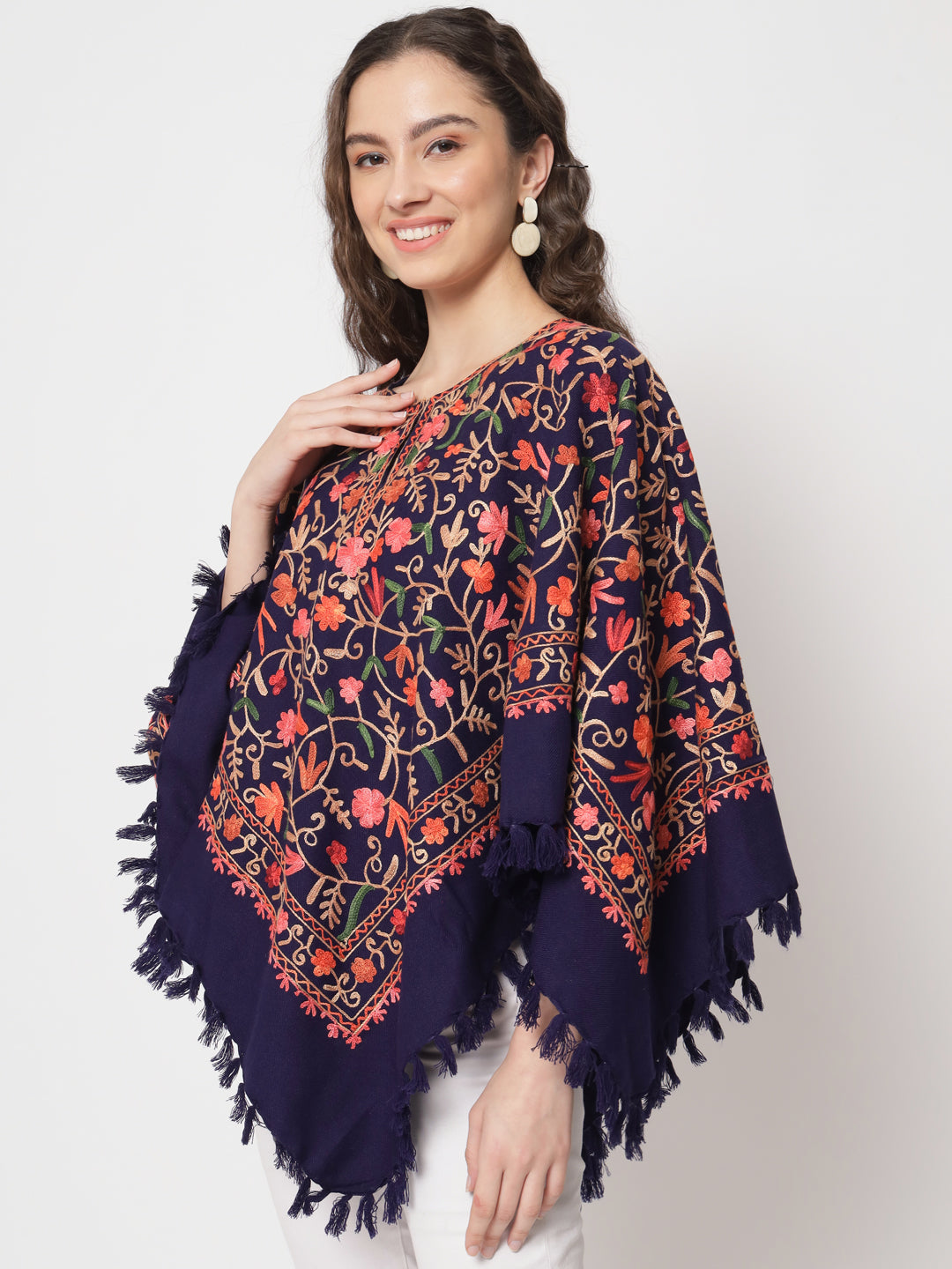 Woolen Kashmiri Poncho with Jaal Embroidery and Silk Lining | Blue