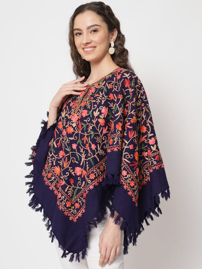 Woolen Kashmiri Poncho with Jaal Embroidery and Silk Lining | Blue