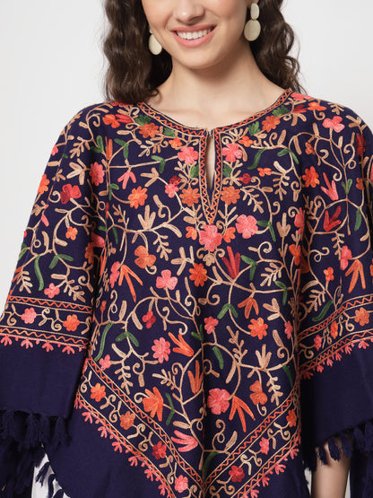 Woolen Kashmiri Poncho with Jaal Embroidery and Silk Lining | Blue