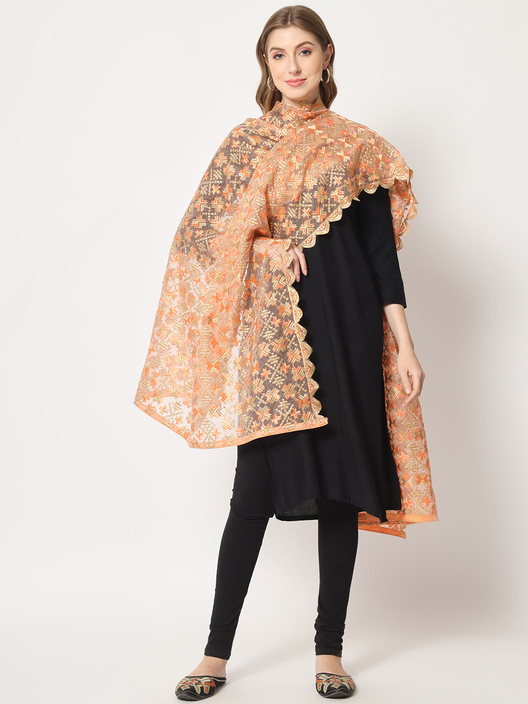 Organza Phulkari Dupatta with Heavy Embroidery | Peach