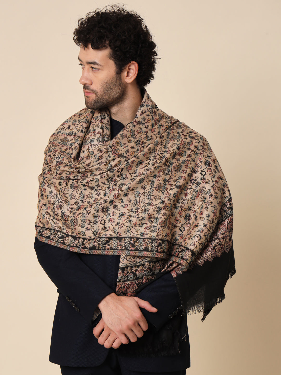 Kani Weave Woven Shawl for Men in Paisley Design | Black