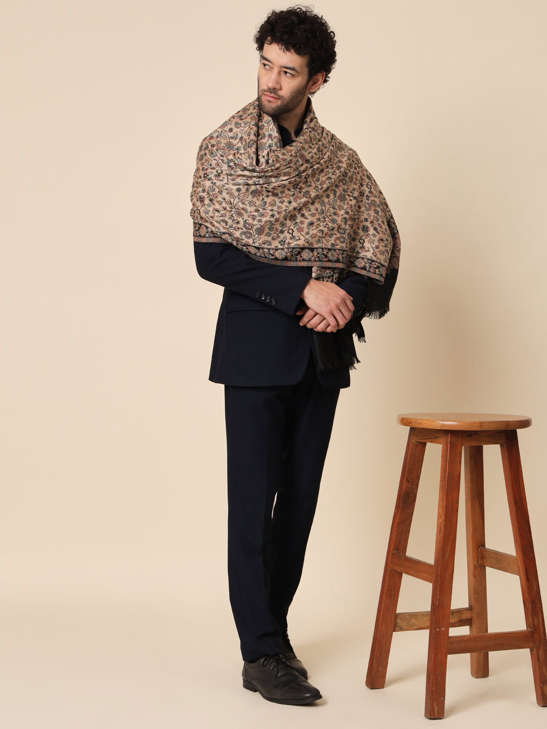 Kani Weave Woven Shawl for Men in Paisley Design | Black