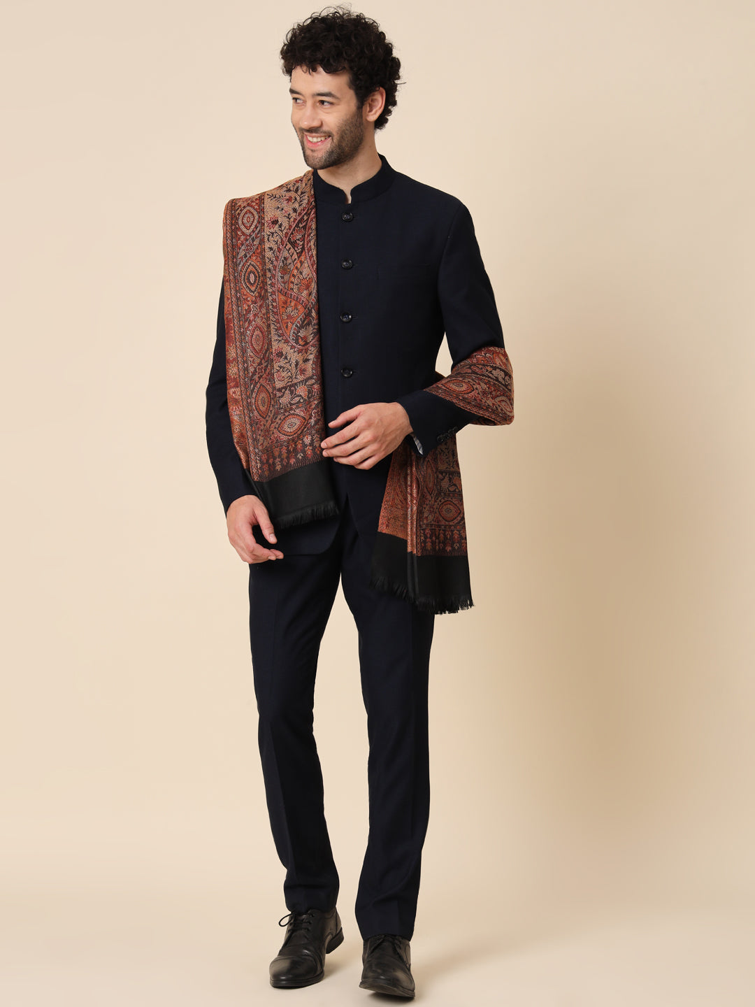 Jacquard Woollen Woven Shawl for Men in Jamawar Patterns | Black