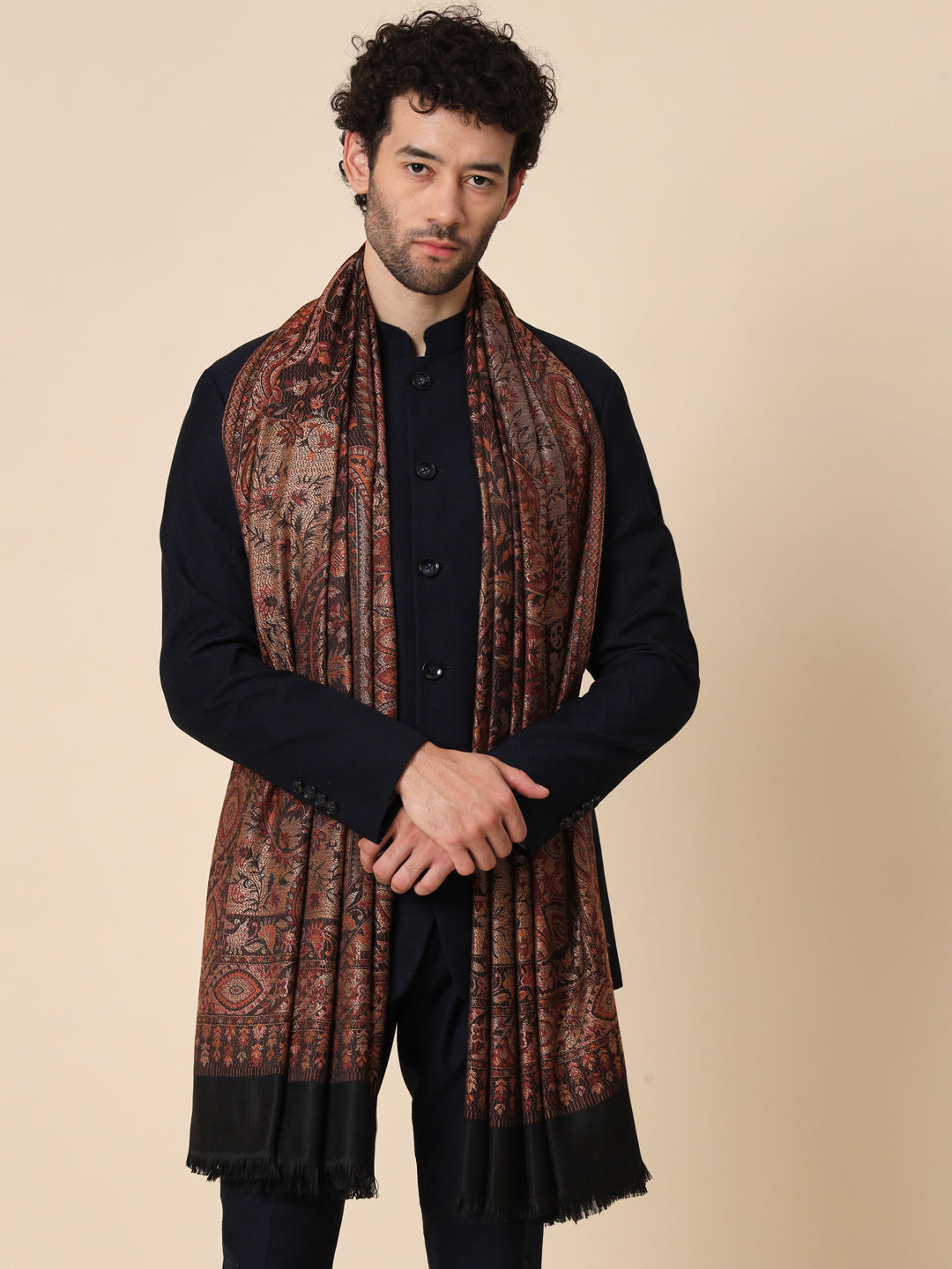 Jacquard Woollen Woven Shawl for Men in Jamawar Patterns | Black