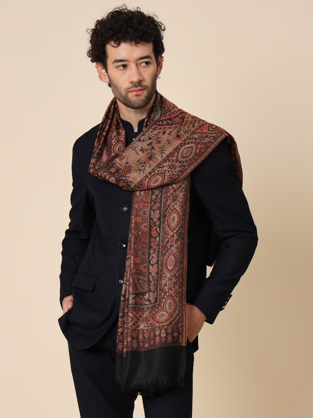 Jacquard Woollen Woven Shawl for Men in Jamawar Patterns | Black