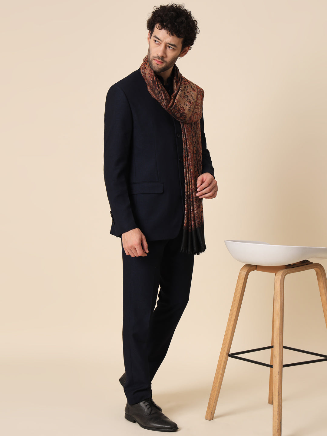 Jacquard Woollen Woven Shawl for Men in Jamawar Patterns | Black