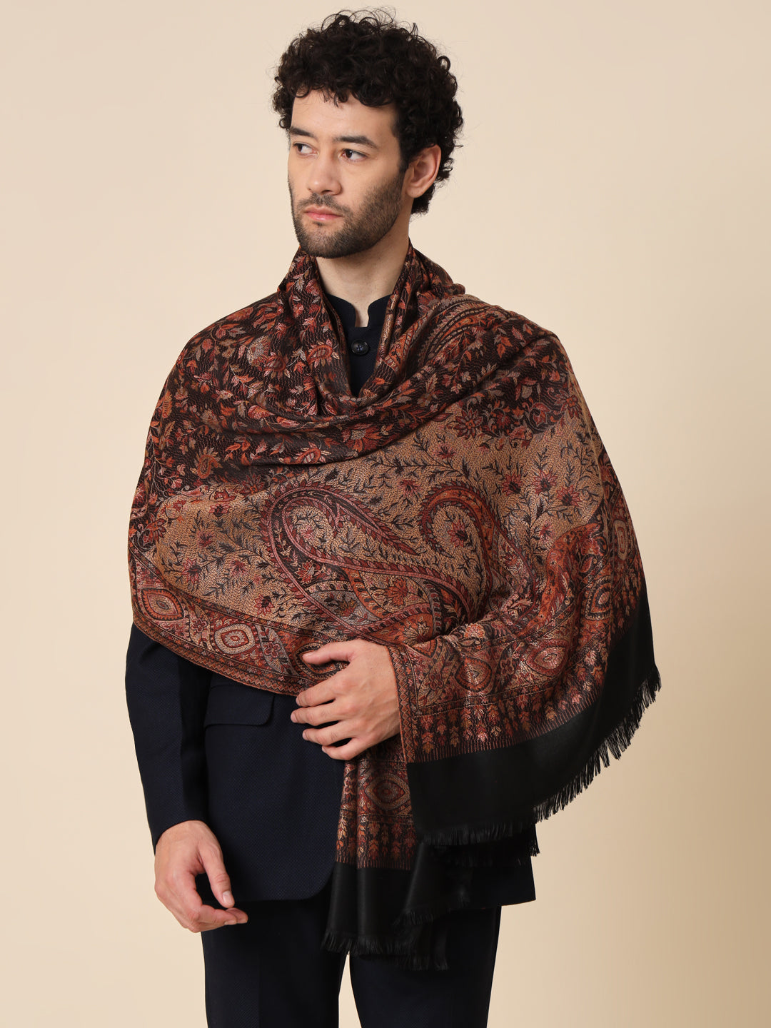 Jacquard Woollen Woven Shawl for Men in Jamawar Patterns | Black