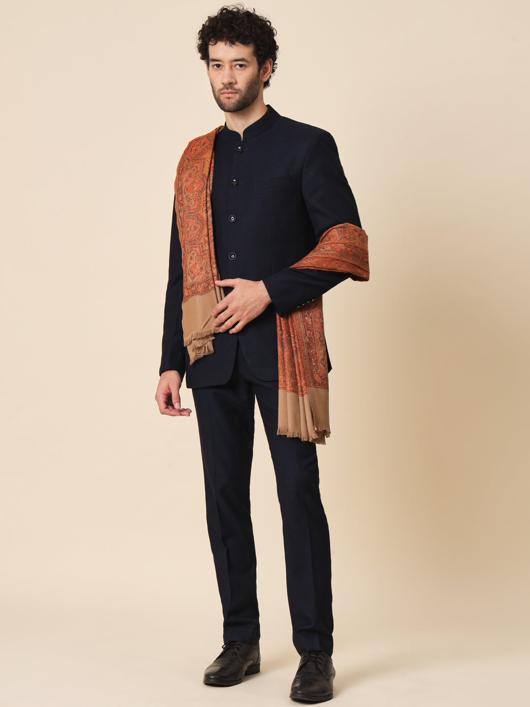 Jacquard Woollen Woven Shawl for Men in Jamawar Patterns | Brown